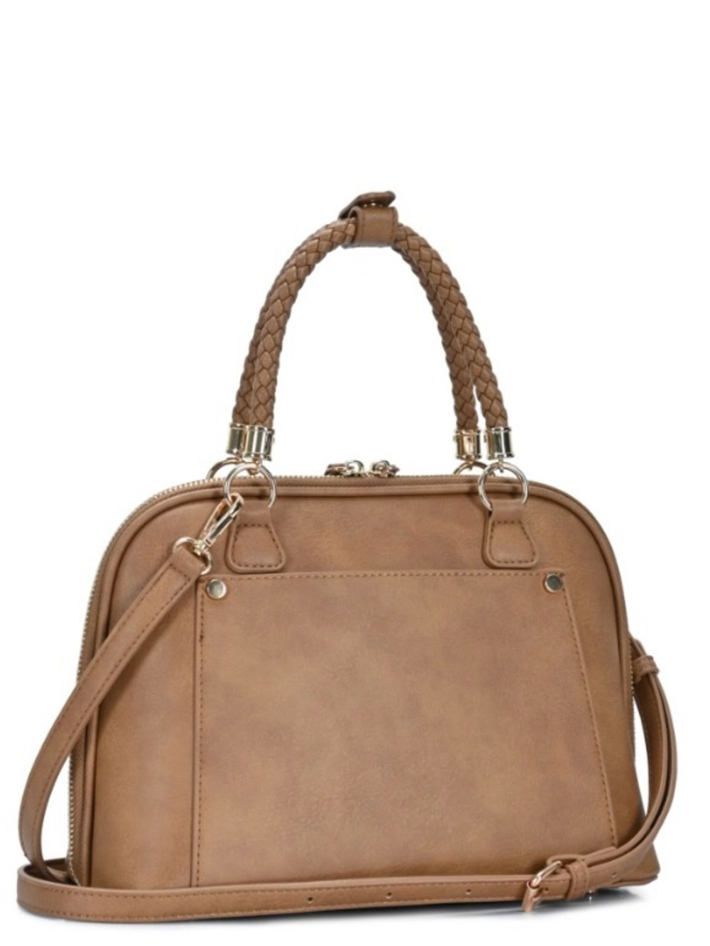 Madison West Tan Camila Satchel Bag Braided Handle Crossbody Handbag